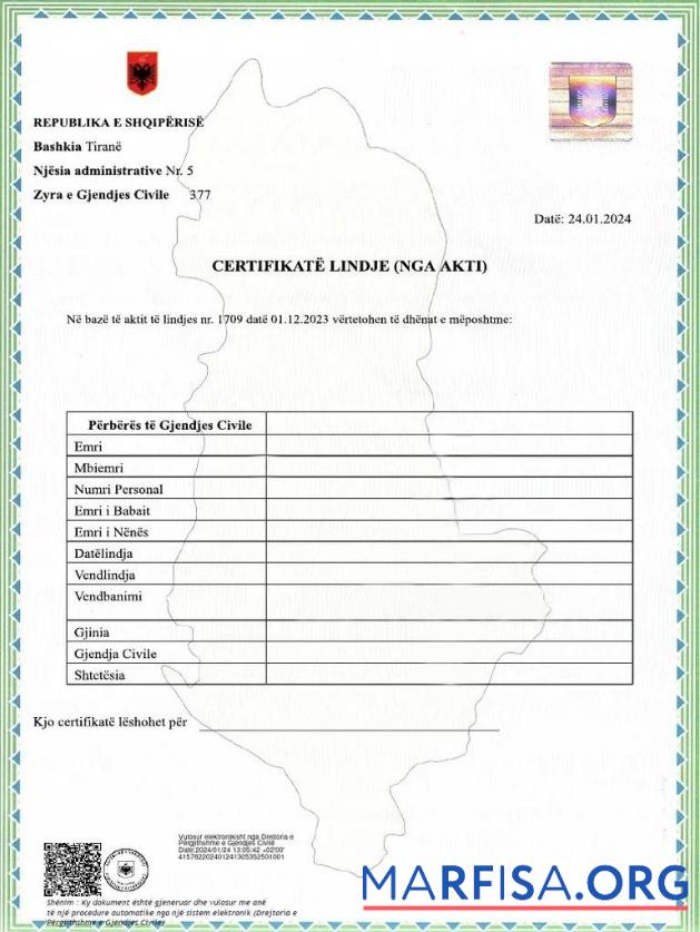 Downloadable Albania Administrative division birth certificate sample